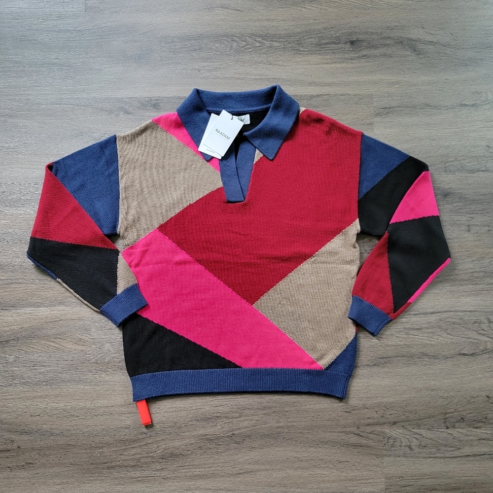 Naadam Navy Red Pink Tan Combo Color Blocked Polo Sweater NWT Size Large